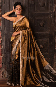 Stunning Gold Tissue Linen Saree With Striped Pleats