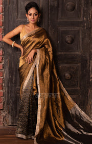 Stunning Gold Tissue Linen Saree With Striped Pleats