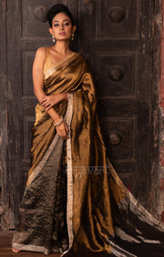 Stunning Gold Tissue Linen Saree With Striped Pleats