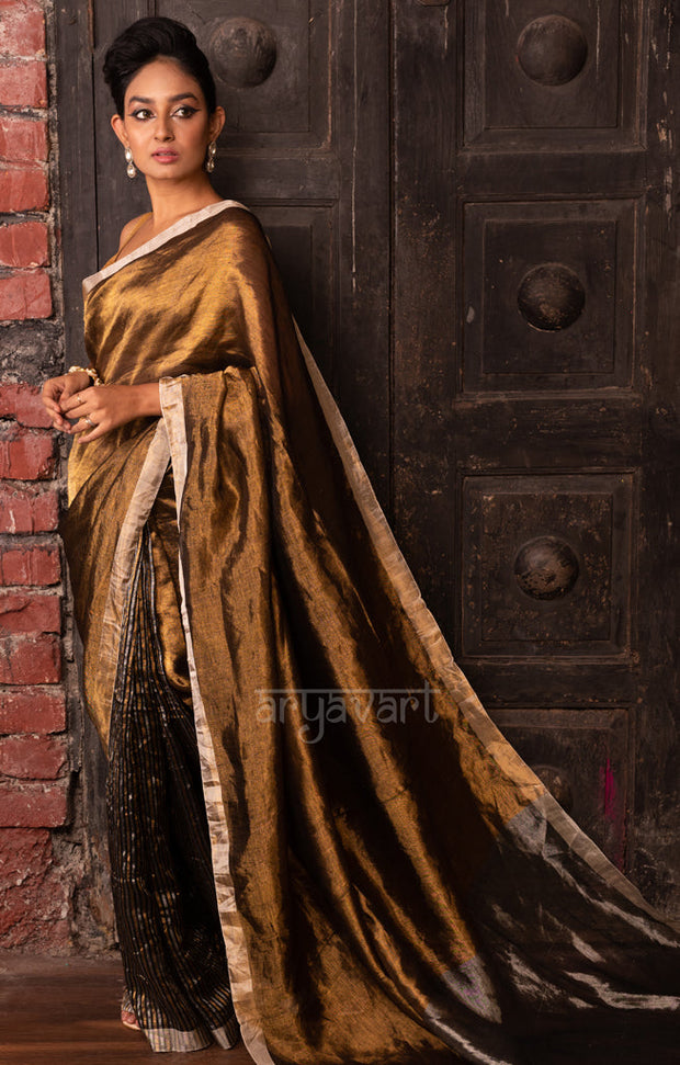 Stunning Gold Tissue Linen Saree With Striped Pleats