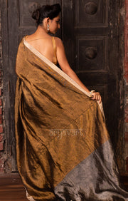 Stunning Gold Tissue Linen Saree With Striped Pleats
