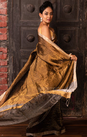 Stunning Gold Tissue Linen Saree With Striped Pleats