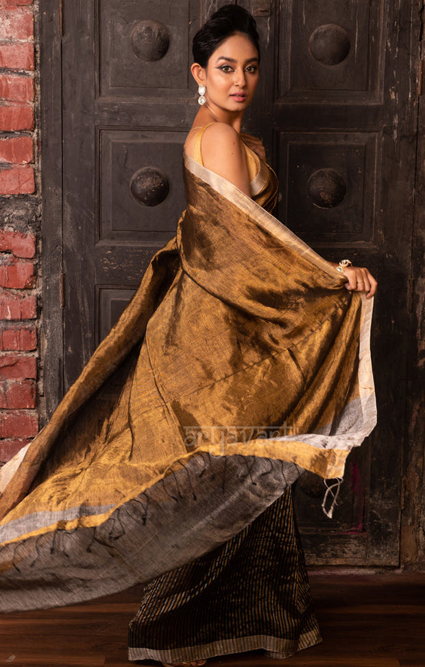 Stunning Gold Tissue Linen Saree With Striped Pleats