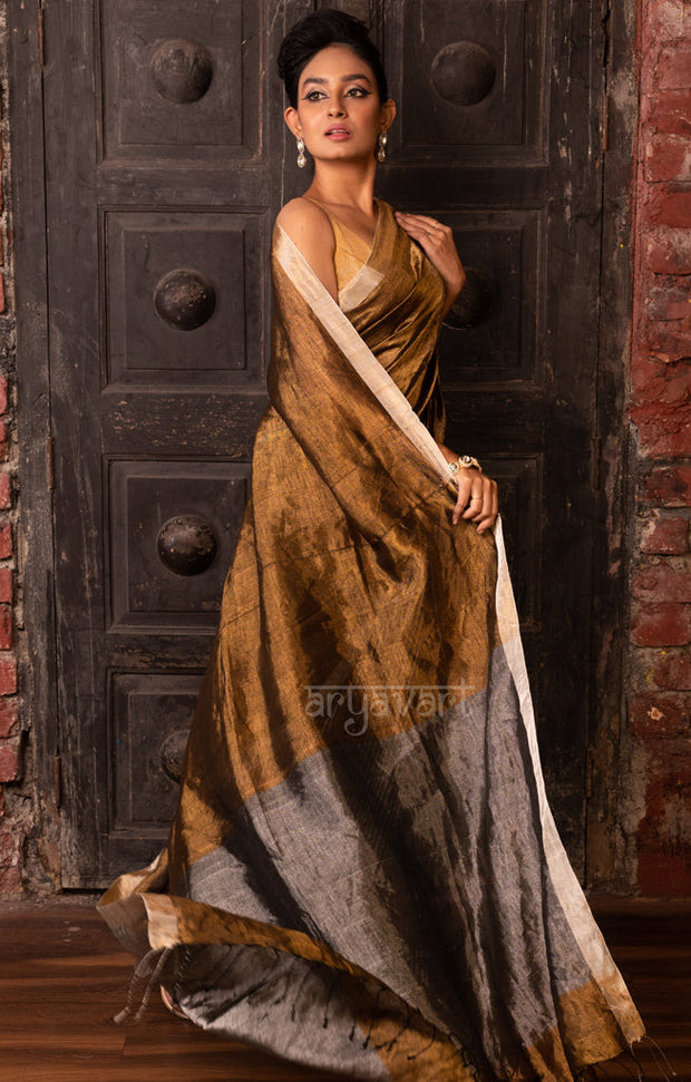 Stunning Gold Tissue Linen Saree With Striped Pleats