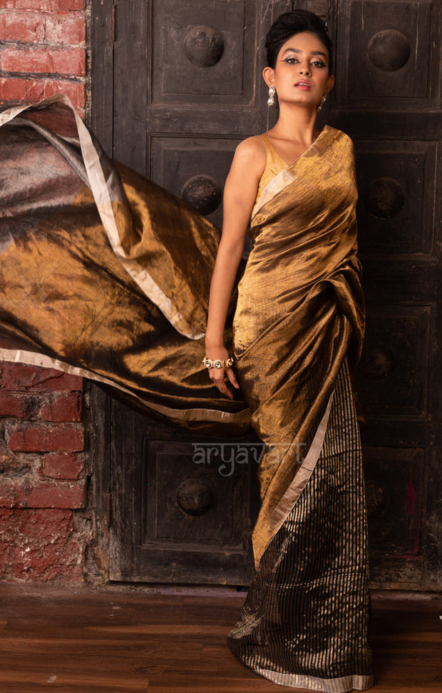 Stunning Gold Tissue Linen Saree With Striped Pleats