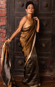 Stunning Gold Tissue Linen Saree With Striped Pleats