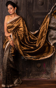 Stunning Gold Tissue Linen Saree With Striped Pleats