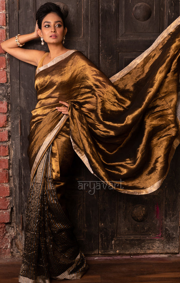 Stunning Gold Tissue Linen Saree With Striped Pleats