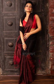 Ruby Red & Black Tissue Linen Saree