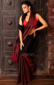 Ruby Red & Black Tissue Linen Saree