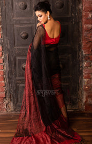 Ruby Red & Black Tissue Linen Saree