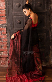 Ruby Red & Black Tissue Linen Saree
