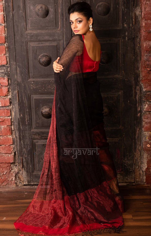 Ruby Red & Black Tissue Linen Saree