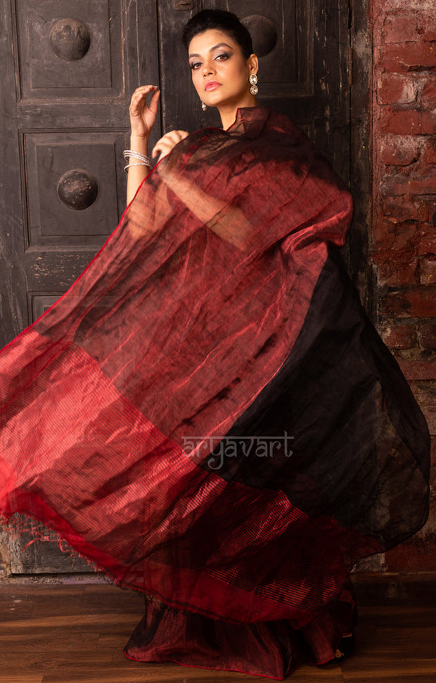 Ruby Red & Black Tissue Linen Saree
