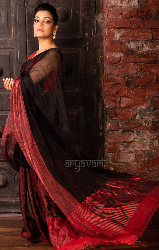 Ruby Red & Black Tissue Linen Saree
