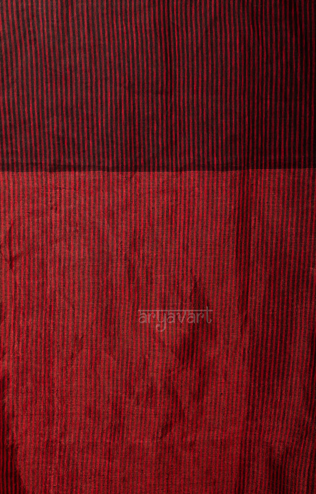 Ruby Red & Black Tissue Linen Saree With Woven Stripes