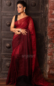Ruby Red & Black Tissue Linen Saree With Woven Stripes