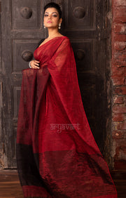 Ruby Red & Black Tissue Linen Saree With Woven Stripes