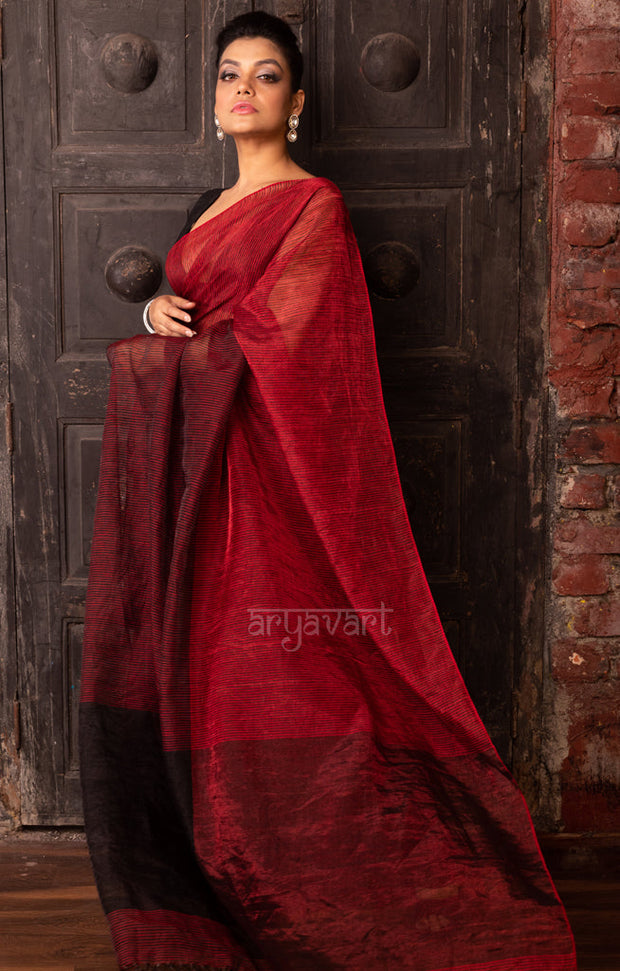 Ruby Red & Black Tissue Linen Saree With Woven Stripes