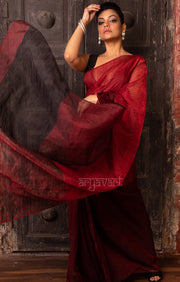 Ruby Red & Black Tissue Linen Saree With Woven Stripes