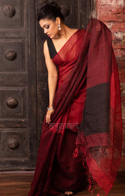Ruby Red & Black Tissue Linen Saree With Woven Stripes