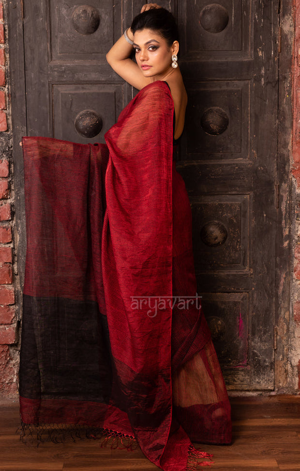 Ruby Red & Black Tissue Linen Saree With Woven Stripes