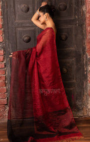 Ruby Red & Black Tissue Linen Saree With Woven Stripes