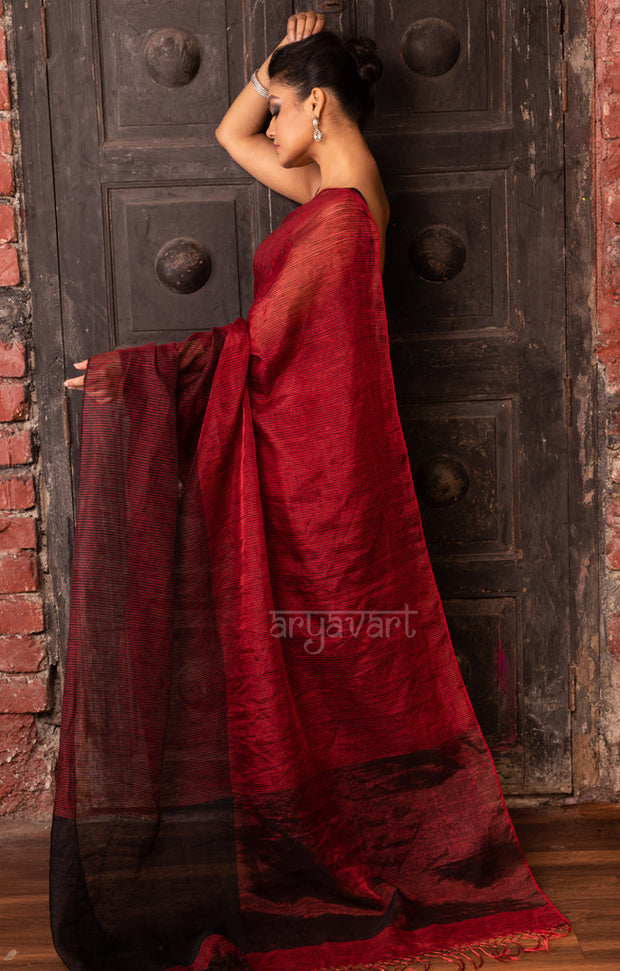 Ruby Red & Black Tissue Linen Saree With Woven Stripes