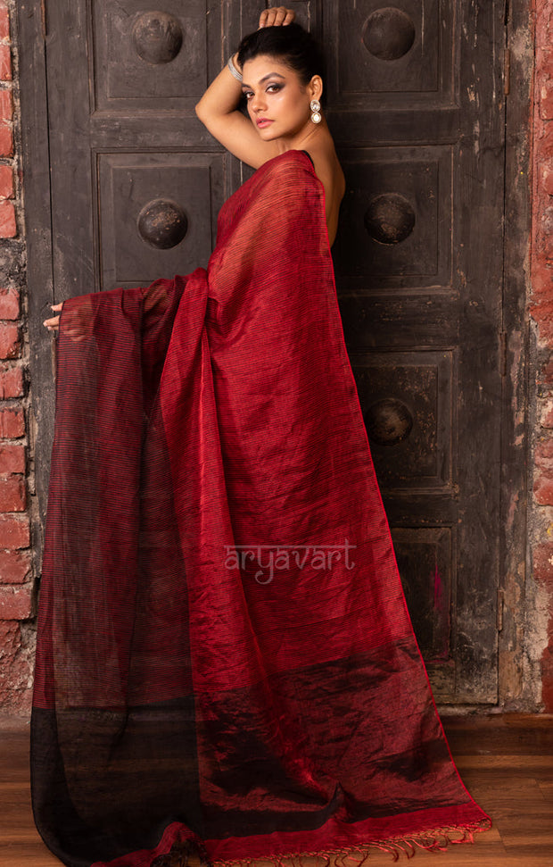 Ruby Red & Black Tissue Linen Saree With Woven Stripes