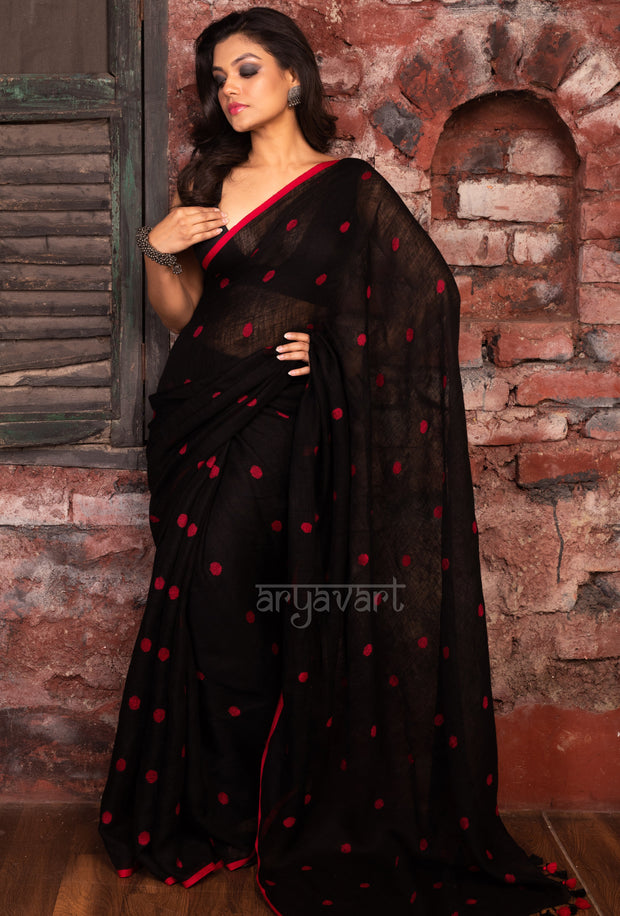 Black Linen Saree With Red Woven Polka dots