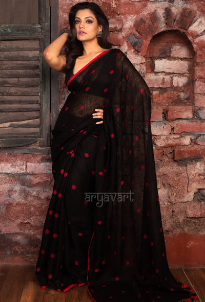 Black Linen Saree With Red Woven Polka dots