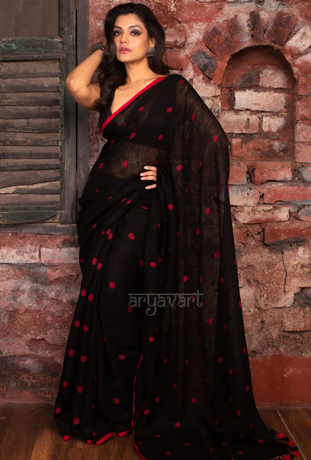 Black Linen Saree With Red Woven Polka dots