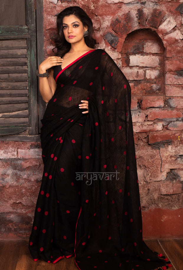 Black Linen Saree With Red Woven Polka dots