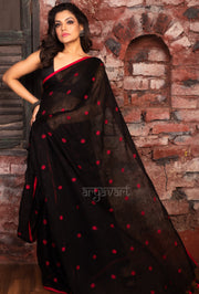 Black Linen Saree With Red Woven Polka dots
