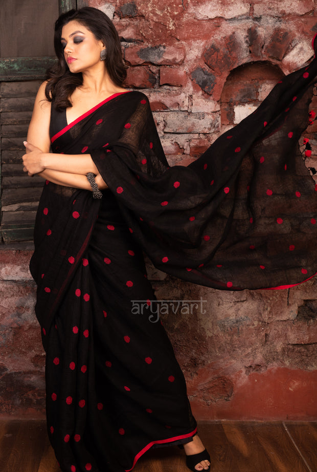 Black Linen Saree With Red Woven Polka dots