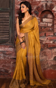 Honey Mustard Yellow Linen Saree With Multi Coloured Woven Border