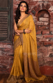Honey Mustard Yellow Linen Saree With Multi Coloured Woven Border