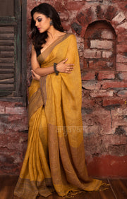 Honey Mustard Yellow Linen Saree With Multi Coloured Woven Border