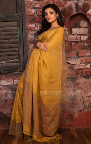Honey Mustard Yellow Linen Saree With Multi Coloured Woven Border