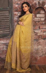 Mustard Yellow Linen Saree With Multi Colored Woven Border
