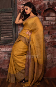 Honey Mustard Yellow Linen Saree With Multi Coloured Woven Border