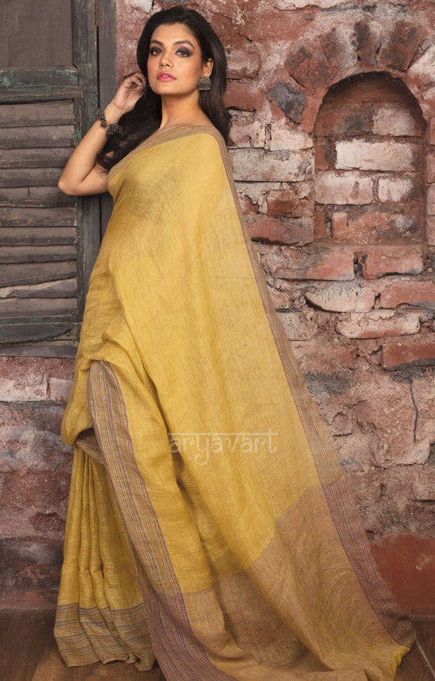 Mustard Yellow Linen Saree With Multi Colored Woven Border