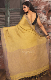 Mustard Yellow Linen Saree With Multi Colored Woven Border