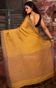 Honey Mustard Yellow Linen Saree With Multi Coloured Woven Border