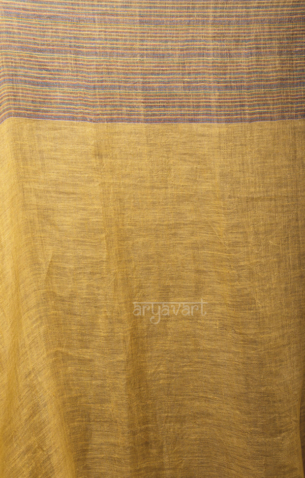 Mustard Yellow Linen Saree With Multi Colored Woven Border