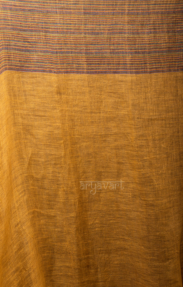 Honey Mustard Yellow Linen Saree With Multi Coloured Woven Border