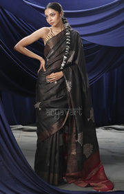 Umber Brown Tussar Silk With Fern Leaf Block Print Design