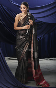 Umber Brown Tussar Silk With Fern Leaf Block Print Design