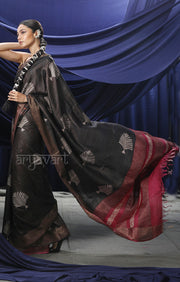 Umber Brown Tussar Silk With Fern Leaf Block Print Design