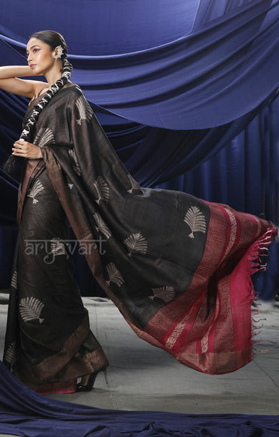 Umber Brown Tussar Silk With Fern Leaf Block Print Design